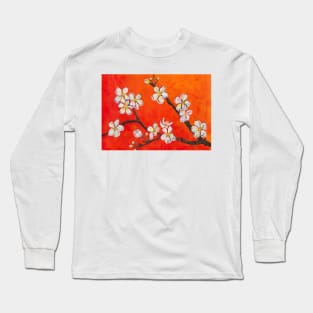 Blossoming Tree Branch With White Flowers Painting Long Sleeve T-Shirt